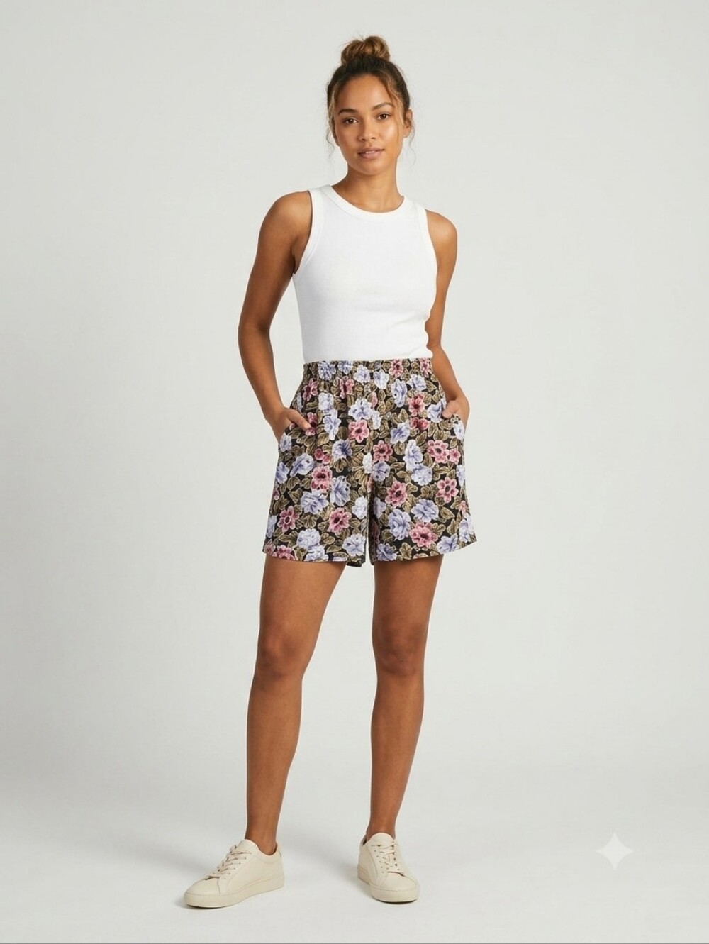 Vintage 90s Floral Rayon Relaxed Fit Shorts High Waist Made in Canada Boho